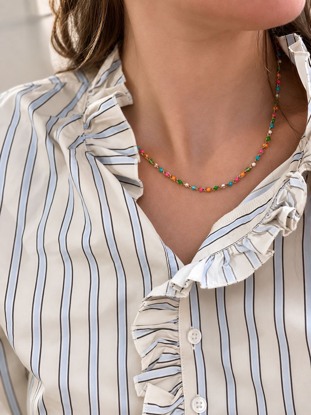 Collier Bahia — perles émaillées multicolores, acier doré Glaia Collection