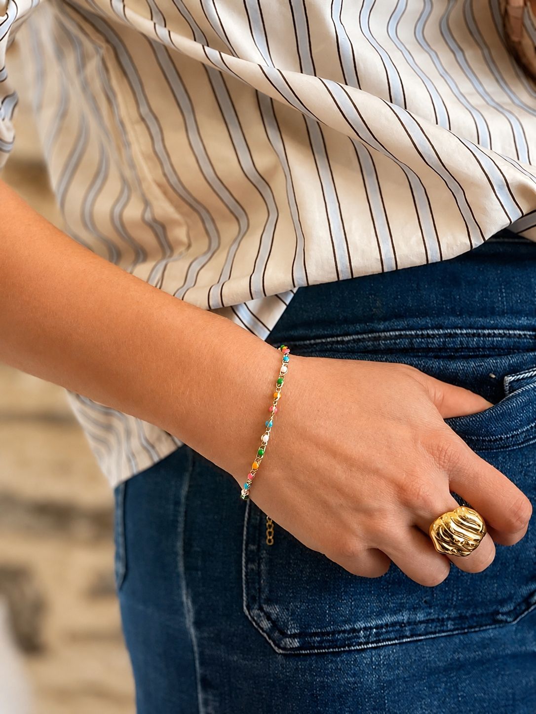 Bracelet Bahia — perles émaillées multicolores, acier doré Glaia Collection