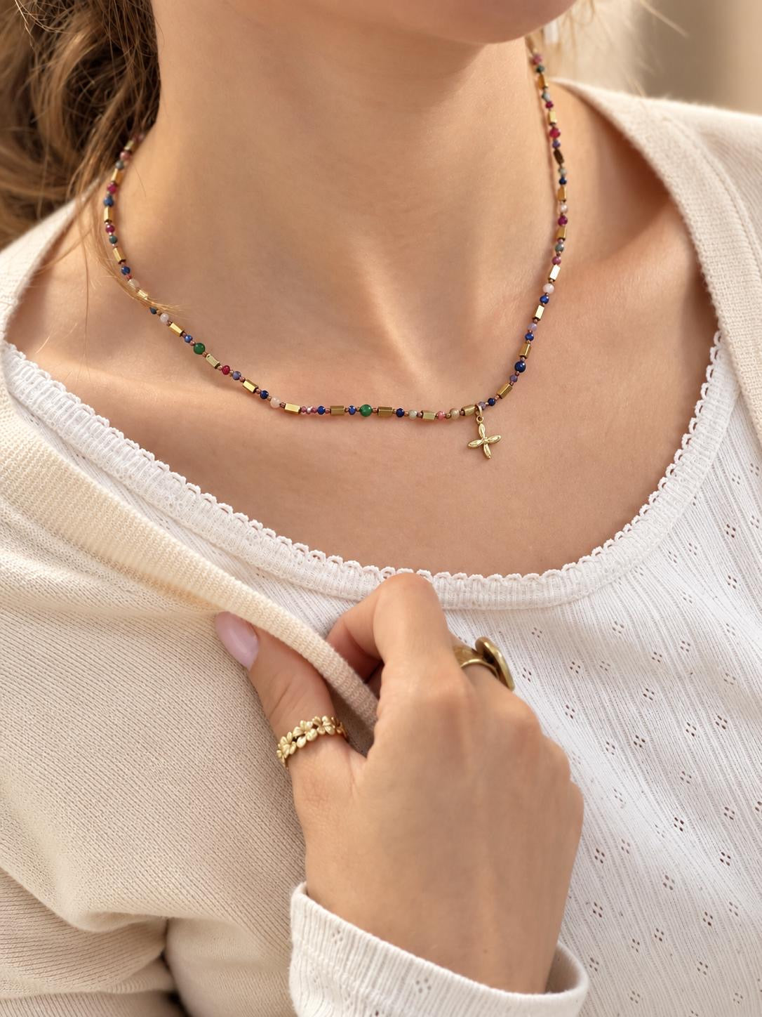 Collier Perles Multicolores & Croix Glaia Collection