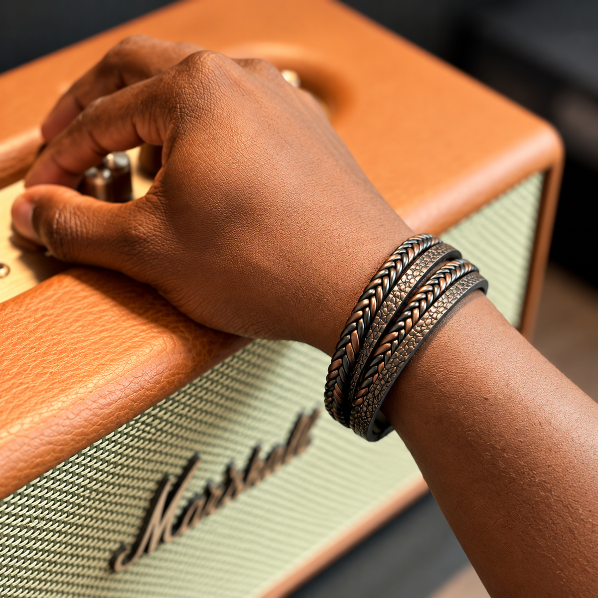 Bracelet homme multi-rangs — cuir cuivré et noir, tresses et cuir grainé Glaia Collection