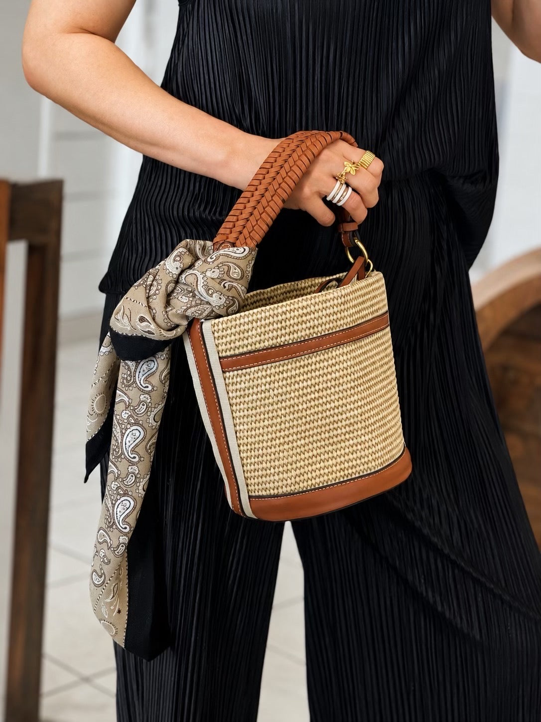 Sac seau bohème Tressage & cuir caramel Glaia Collection