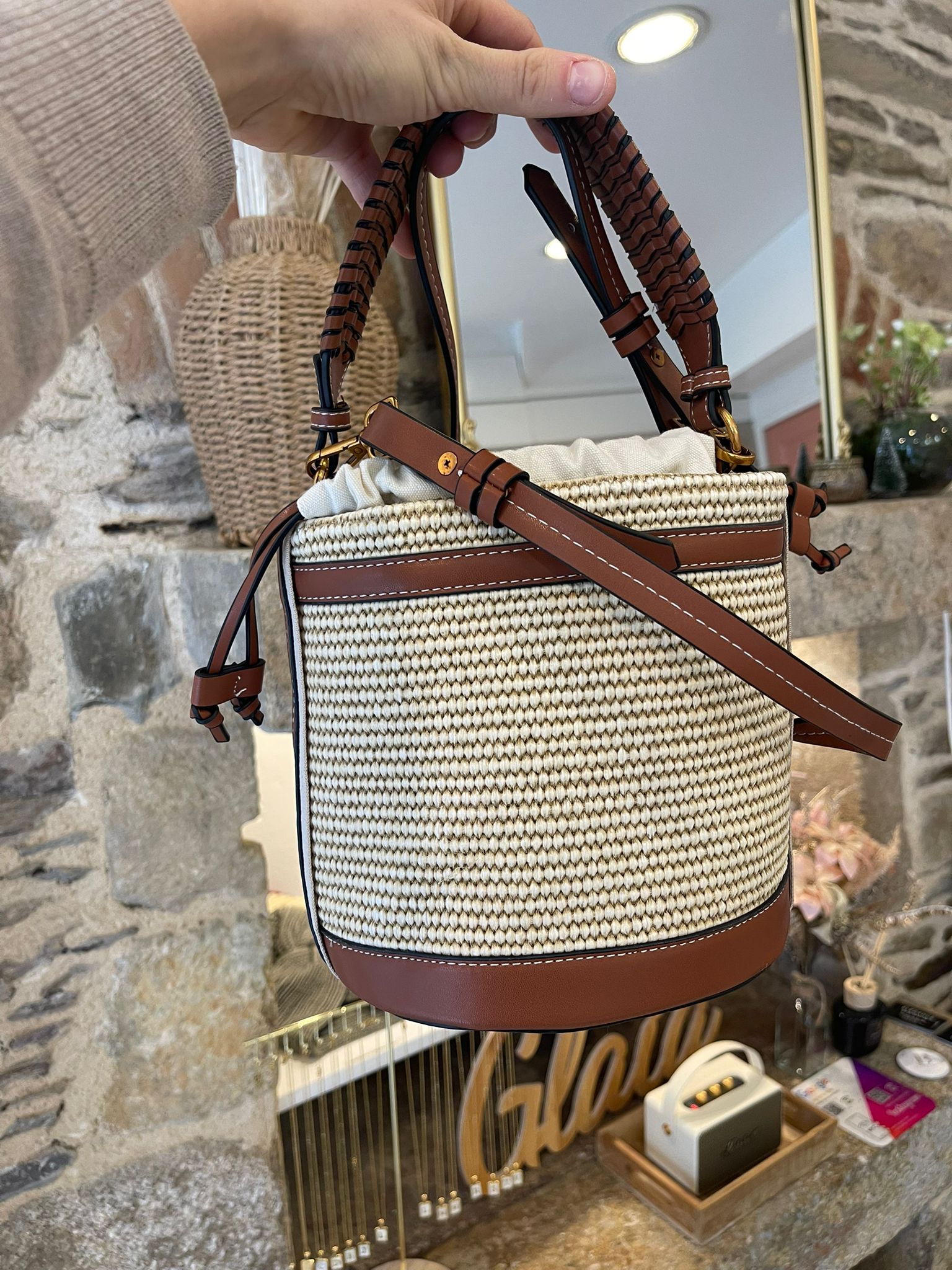 Sac seau bohème Tressage & cuir caramel Aliexpress