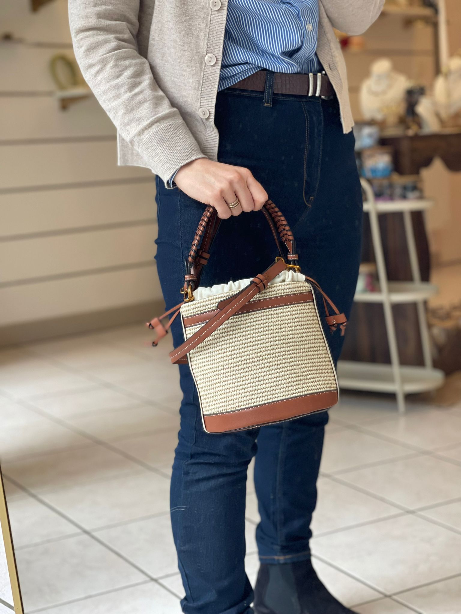 Sac seau bohème Tressage & cuir caramel Aliexpress