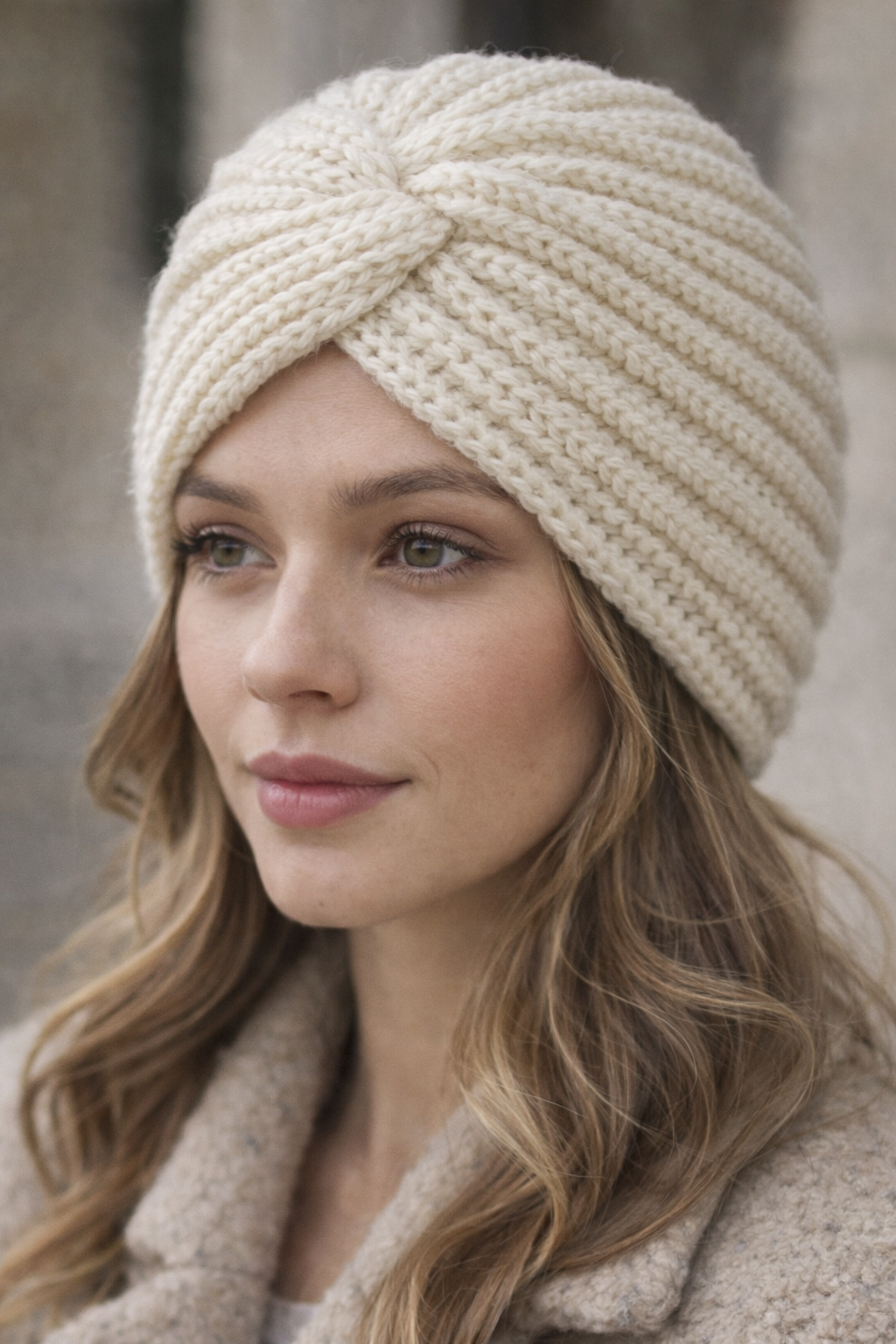 Bonnet-Turban Anastasia en laine beige Glaia Collection