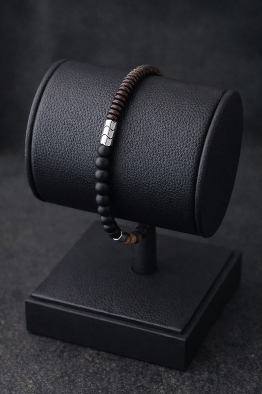 Bracelet perles bois & perles noires – Détails acier Glaia Collection