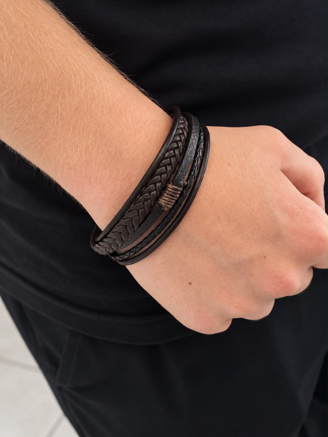 Bracelet homme multi-rangs — cuir marron chocolat Glaia Collection