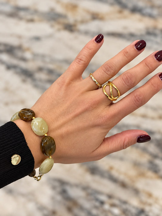 Bracelet Sous-Bois — perles de résine olive et fumée, création Lolita Glaia Collection