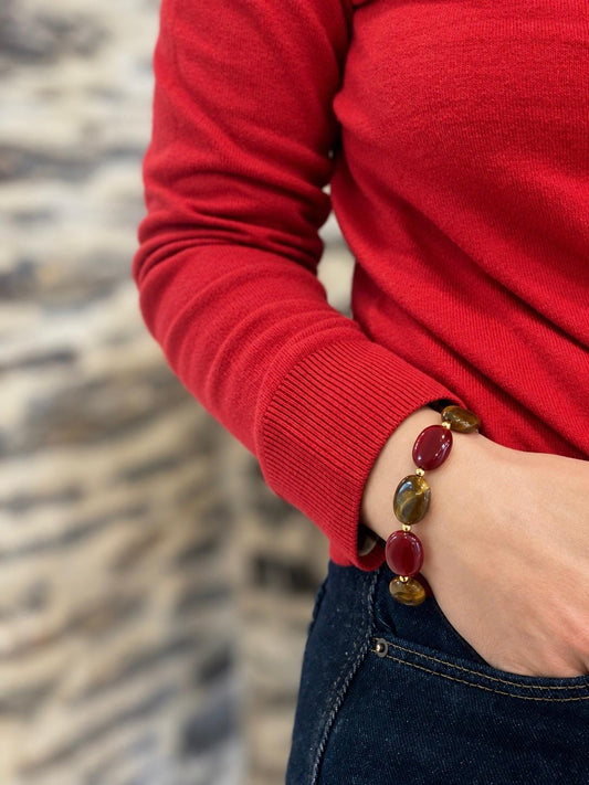 Bracelet à grosses perles rouge grenat et brun ambré, création Lolita — Glaia Collection, Guer